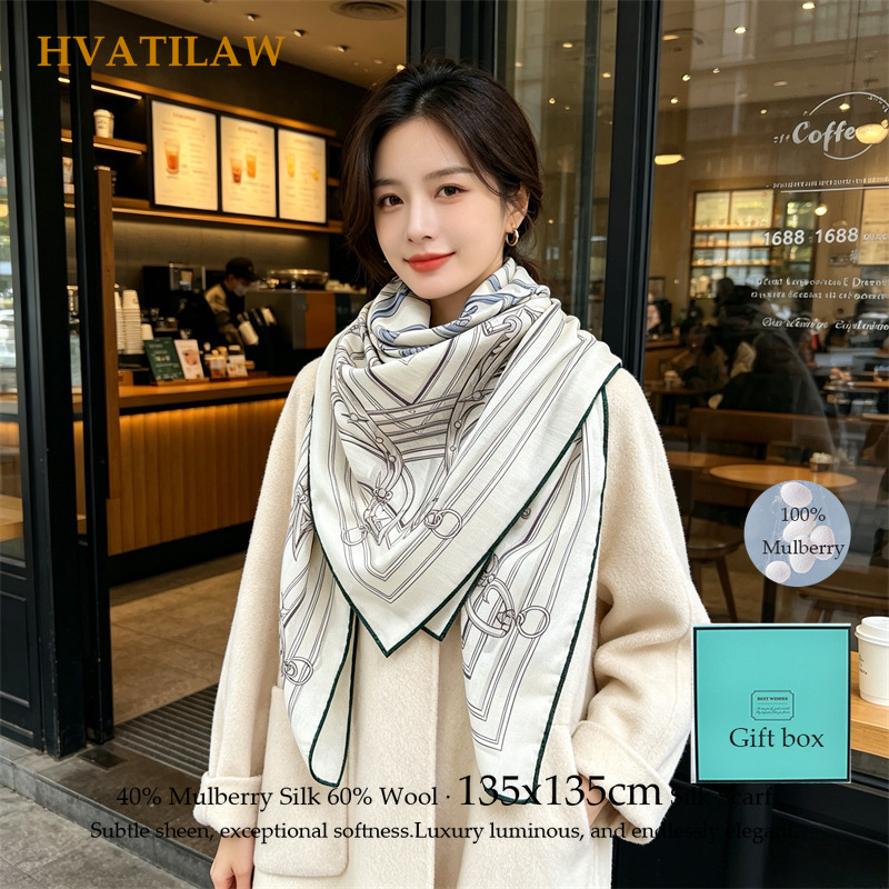 Sewing Hemming - ผ้าพันคอไหมผสมขนสัตว์ 40% 60% ขนาด 135x135 ซม.