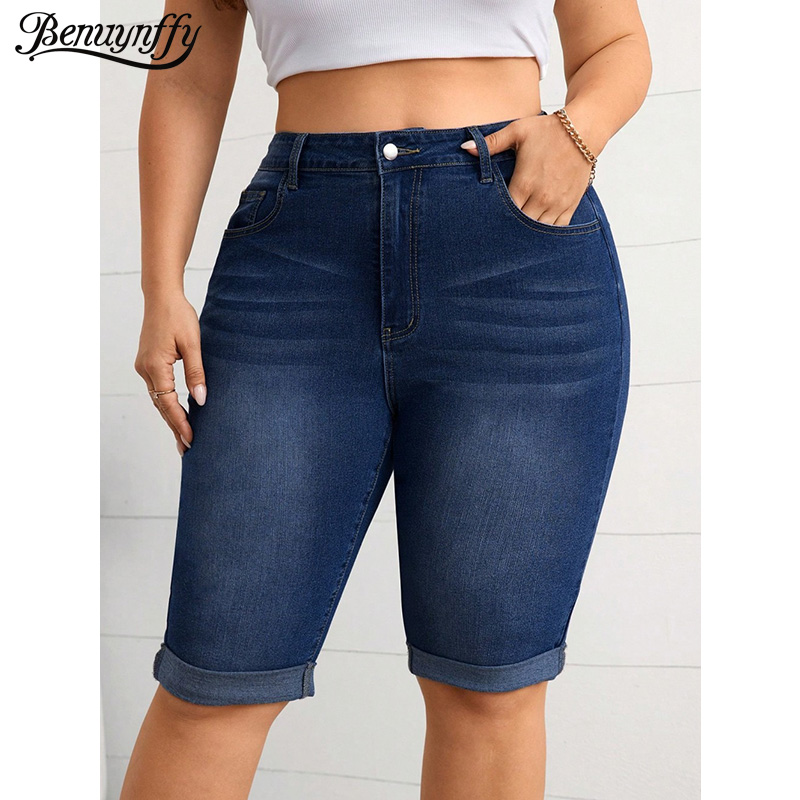 Sewing Hemming - กางเกงยีนส์ทรงดินสอเอวกลางแบบวินเทจ แบรนด์ Benuynffy ไซส์พลัส สำหรับผู้หญิง รุ่นซัมเมอร์
