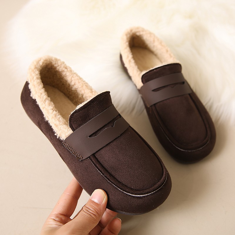Sewing Fleece - รองเท้าผู้หญิงพื้นนุ่มบุขนอุ่น รุ่นใหม่ ฤดูใบไม้ร่วง/ฤดูหนาว 2026 ทรงแบน หัวกลม
